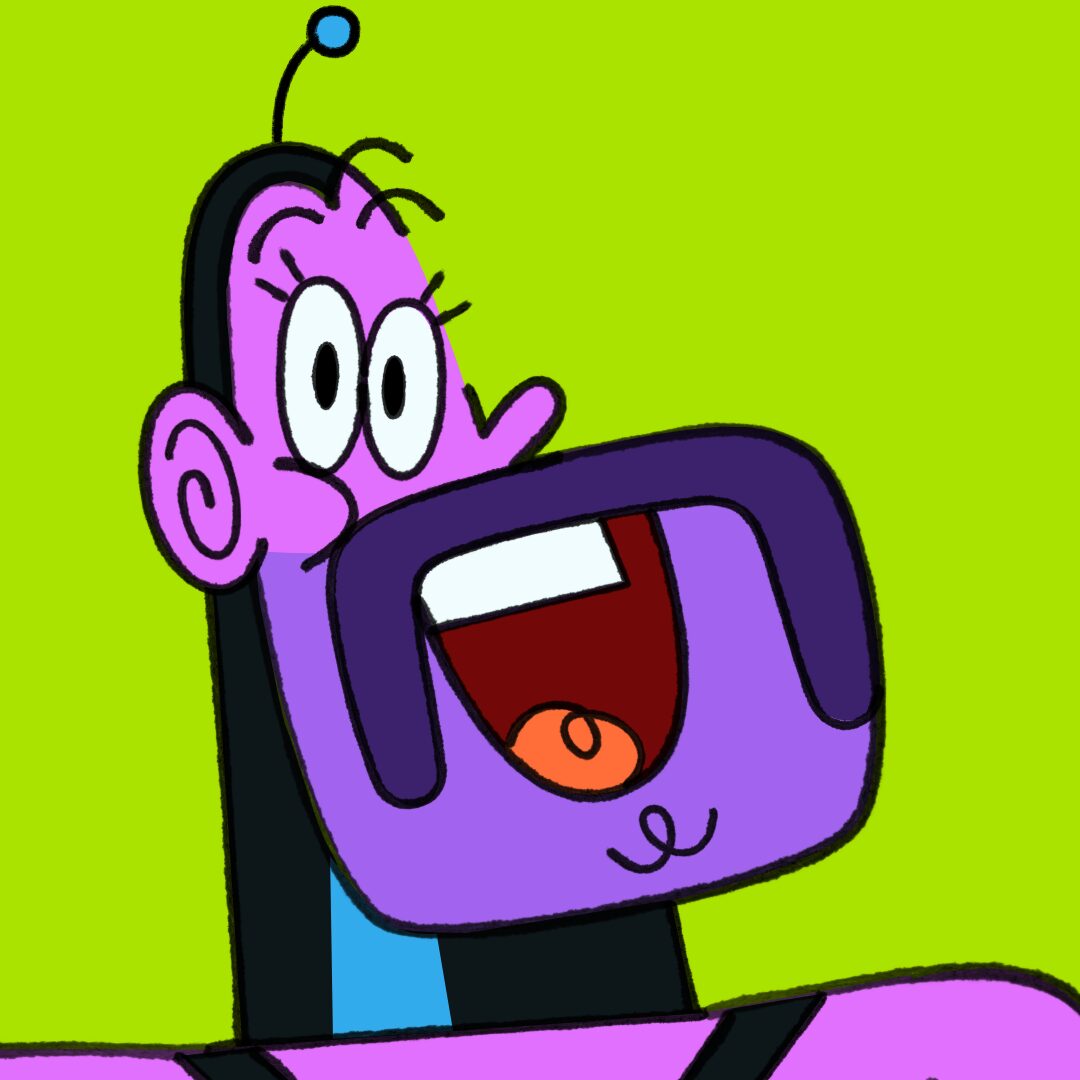 Closeup of cartoon character Frank Bottom smiling at camera. He's wearing a black leather hood and sporting a handlebar moustache, and he's standing against a green background.